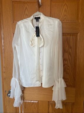 Gracia Ivory Tie-Neck Sheer Ruffle Sleeve Blouse